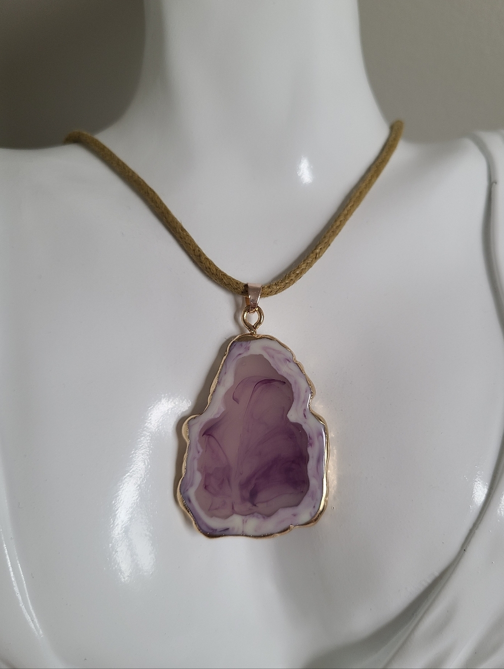 Vintage Boho Purple Quartz Geode Gold Plated Yellow Corded Choker Style Necklace